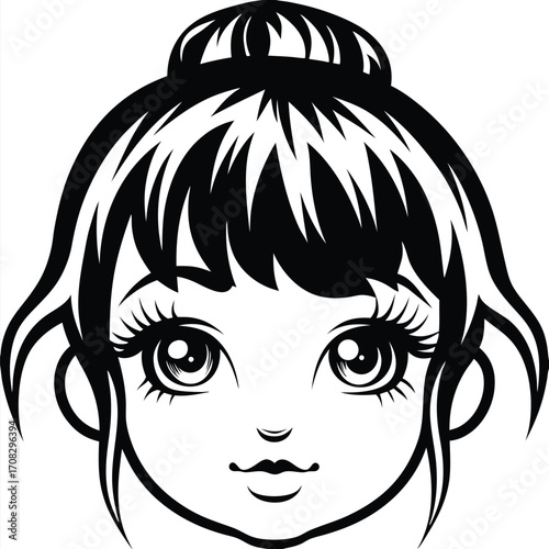 Black outline illustrates a cute girl with big eyes and a top bun hairstyle