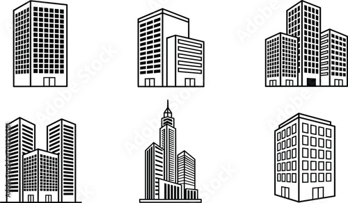 Set of modern city buildings, skyscrapers, and architectural structures, urban skyline vector illustration for real estate, construction, and city planning design