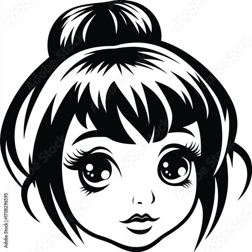 Anime styled girl face with big eyes and a top knot hairstyle