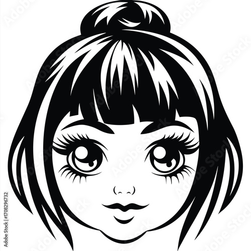 Cute black haired girl with big eyes stares innocently in monochrome style