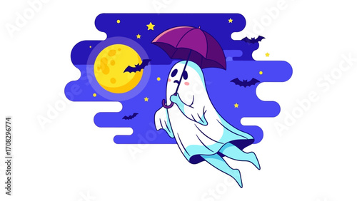 Whimsical Ghostly Flight: A friendly ghost floats through a moonlit sky with an umbrella, creating a charming Halloween illustration.