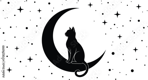 Silhouette of cat sitting on crescent moon with stars, night sky fantasy scene, celestial animal design, vector illustration for decoration