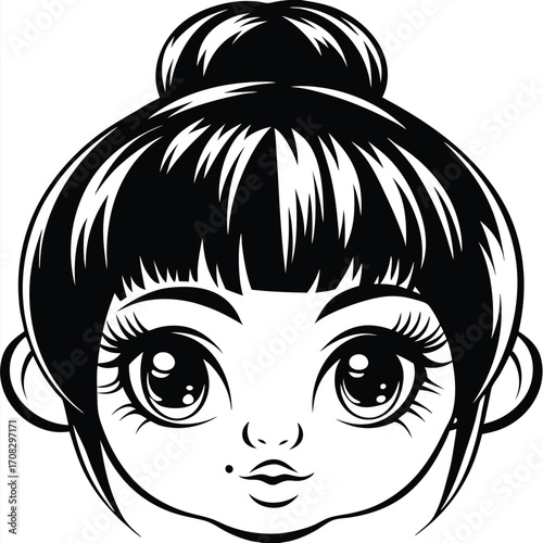 A stylized face of a girl with a mole and an updo is visible