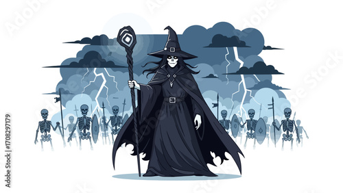 Mystic Wizard in a Storm: In a realm of darkness, a mystical wizard stands tall against a backdrop of a raging storm, commanding an army of skeletal warriors in a fantasy realm. 