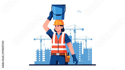 Construction Worker with Bucket: A diligent construction worker balances a bucket atop their head, showcasing dedication on a construction site, representing the essence of building.