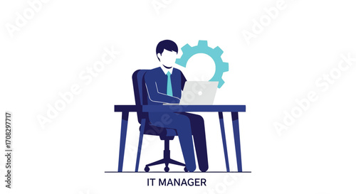 Vector illustration of it manager working on laptop at desk concept of information technology management, support, and consulting services
