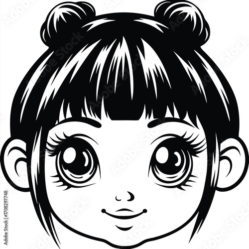 Black and white manga girl with large eyes smiles sweetly in a cartoon style