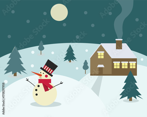 Snowman, winter house, fir trees, snowdrifts and snow on a winter night for Christmas and New Year. Christmas art in vector.