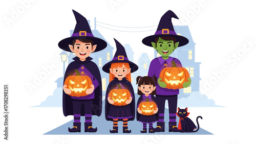 Halloween Crew: A group of costumed children, each holding a carved jack-o'-lantern and wearing whimsical witch hats, stands ready for a night of trick-or-treating.