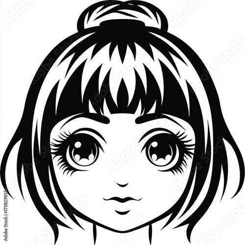 Anime styled young girl with black hair and big eyes stares directly forward