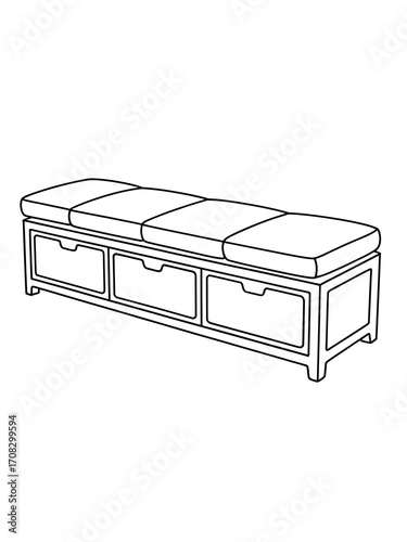 Hand drawn sketch of a long bench with three storage drawers and cushions