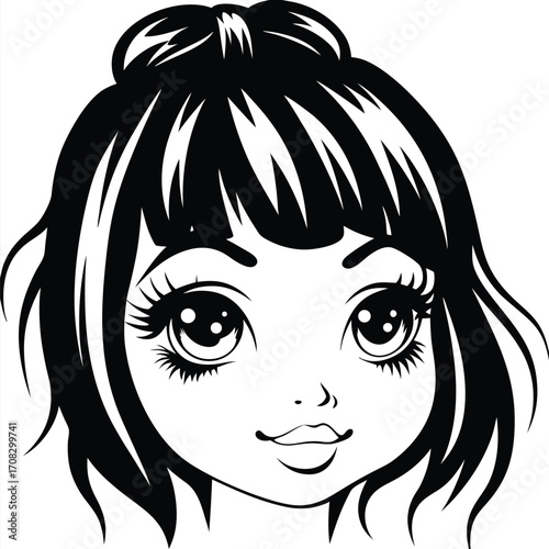 Black and white art shows a cute girl with styled dark hair