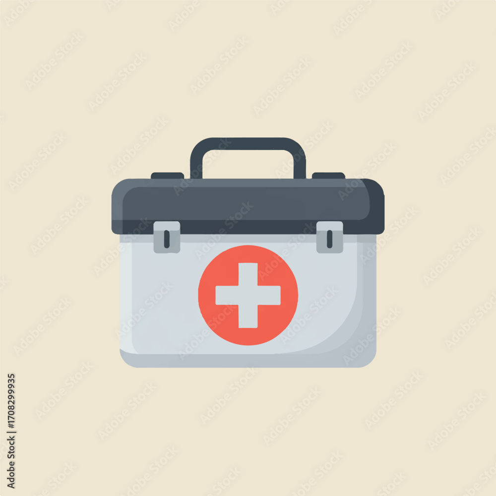 Fototapeta premium First aid kit with red cross on a light beige background.