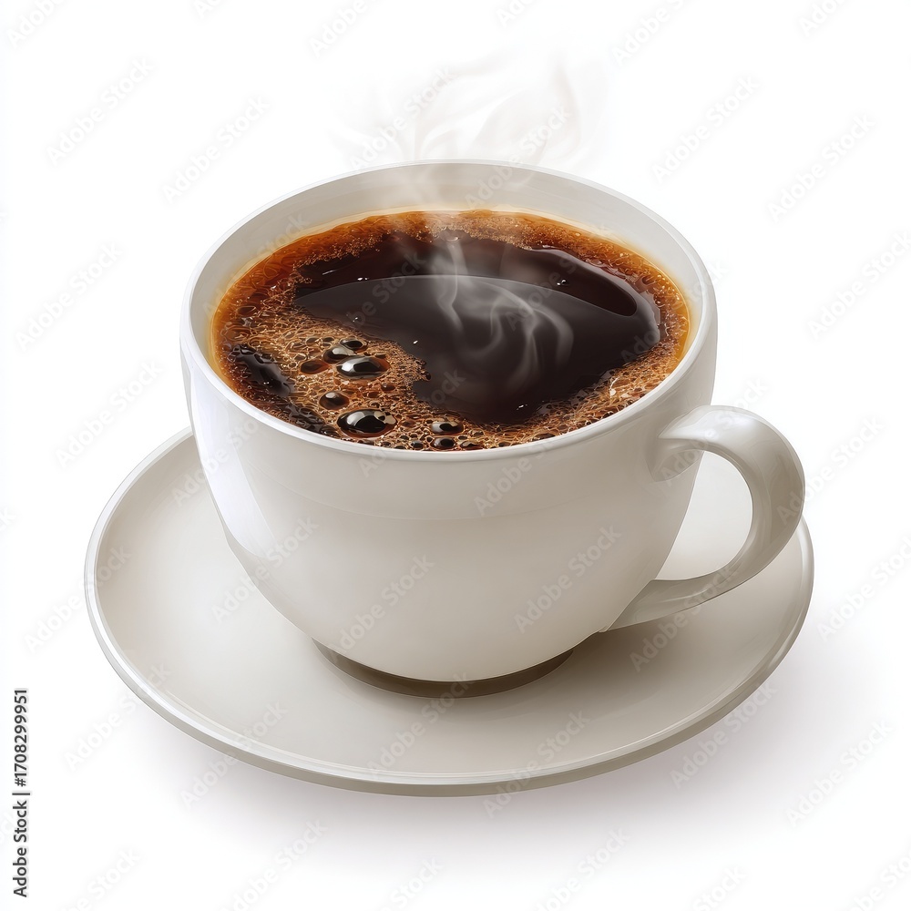 Fototapeta premium A steaming cup of dark coffee in a white ceramic mug and saucer, set against a pure white background. The coffee is rich, dark brown, and has a frothy top. Steam rises from the surface of the coffee
