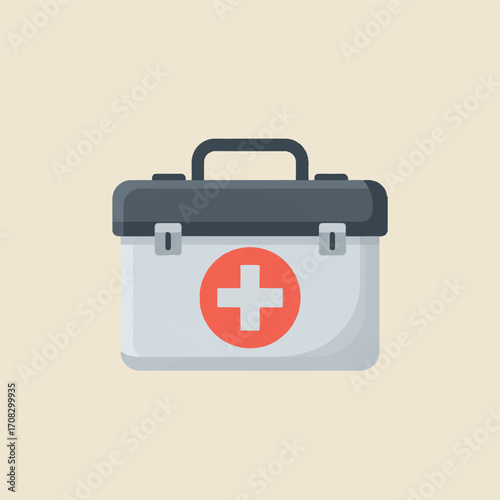 First aid kit with red cross on a light beige background.