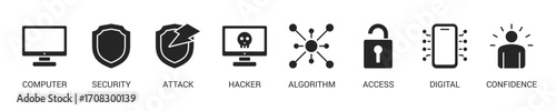 Data Breach Glyph Icon Set For Web Banner. Vector Illustration Concept With Some Icons. Designed In Glyph Style