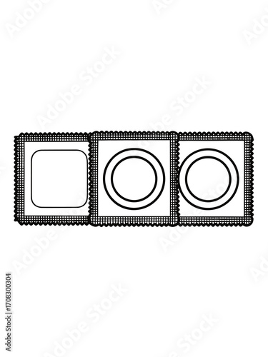 Three condoms in packaging isolated on white background line art