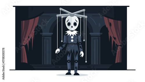 Puppet on Stage: A haunting puppet takes center stage within a gothic theater, inviting viewers to delve into its cryptic mystery and sinister aura.