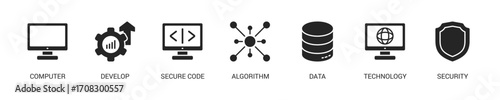 Progamming Glyph Icon Set For Web Banner. Vector Illustration Concept With Some Icons. Designed In Glyph Style