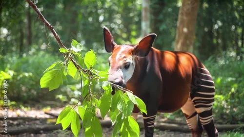 Okapi Grazing on Leaves in Natural Habitat During Daytime
