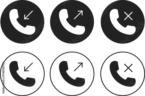 Incoming outgoing and missed call icon set. Phone call symbol.  Mobile communication sign