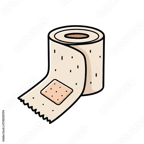 A rolled-up roll of toilet paper with a bandage sticker.
