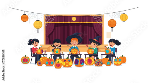 Halloween pumpkin carving: A group of young children, costumed in playful attire, gather to engage in the seasonal tradition of carving pumpkins.