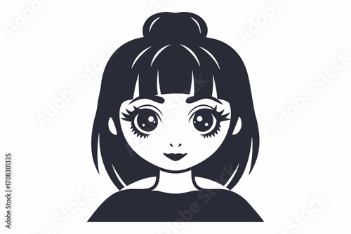 Isolated black anime girl with dark hair and big eyes shows a smiling face