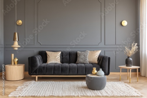 A stylish living room with a modern, dark gray color scheme.