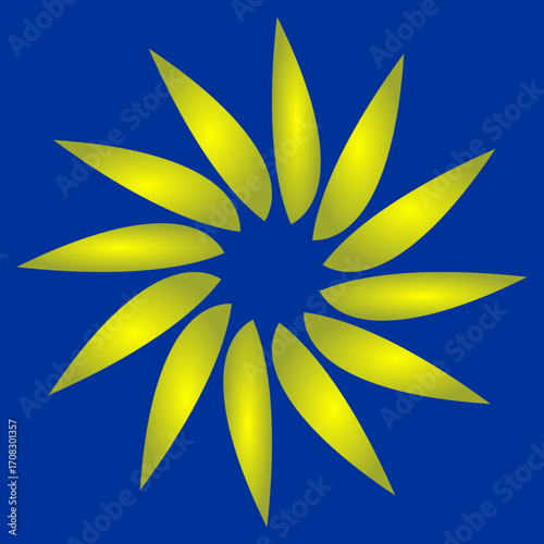 Shimmering yellow petals radiate outward in perfect symmetry against a deep blue background, symbolizing light, hope, energy, and eternal blossoming harmony.