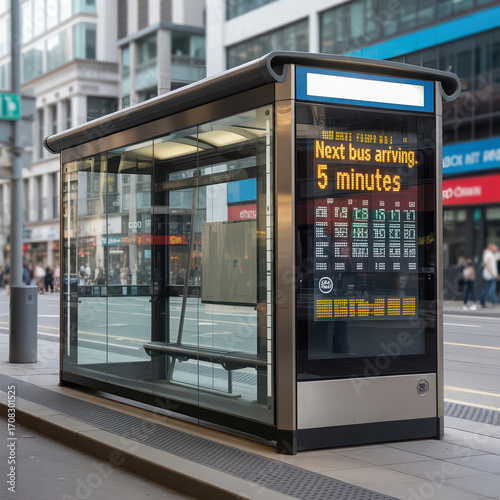 Modern Bus Stop with Digital Display Providing Real Time Information for Commuters in Urban Setting