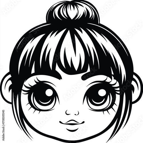 Cute girl with a bun hairstyle and eyelashes poses with a joyful smile