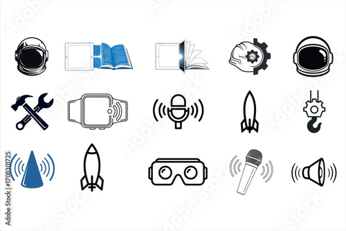 Collection of Icons Astronaut Helmet Tablet Book Hard Hat Rocket Microphone V R Goggles vector