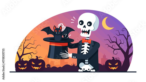 Spooky Spectacle: A whimsical skeleton, adorned in a suit, unveils a magical hat, releasing a cartoon bat into the enchanting Halloween night. The scene embodies the spirit of tricks and treats.