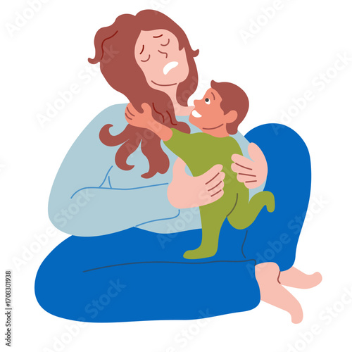 mom with baby in doodle style.Illustration for banner postcard design print sticker poster background
