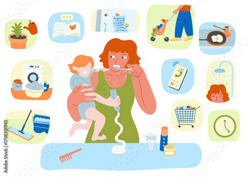 mom with baby in doodle style.Illustration for banner postcard design print sticker poster background