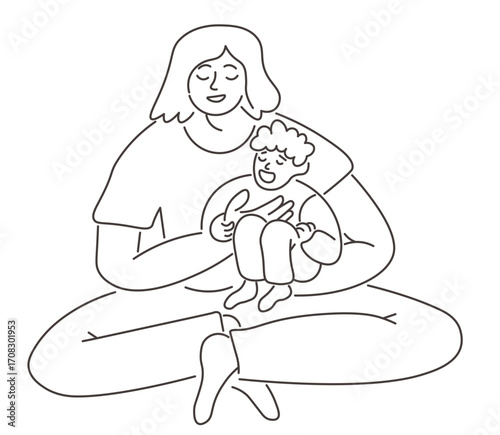 mom with baby in doodle style.Illustration for banner postcard design print sticker poster background