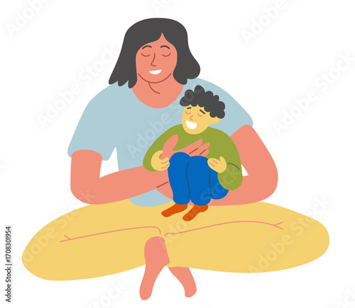 mom with baby in doodle style.Illustration for banner postcard design print sticker poster background