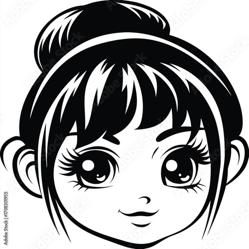 Anime girl with expressive eyes and a bun smiles gently in monochrome