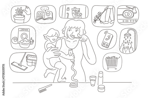 mom with baby in doodle style.Illustration for banner postcard design print sticker poster background