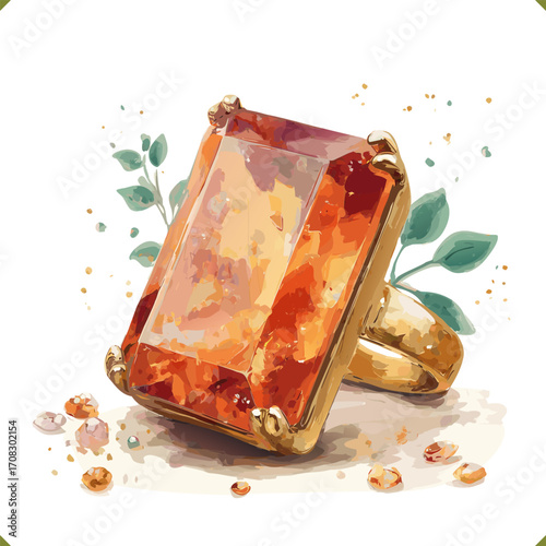 Vector illustration of an art deco style gold ring with a large rectangular yellow-orange gemstone, luxurious and elegant design, isolated on a white background
