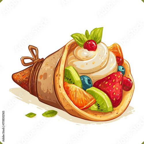 Vector illustration of Japanese street crepe filled with fruit and whipped cream, rolled cone style, in flat vector style, isolated on a white background