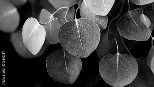 Close-up grayscale leaves on branches