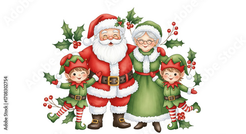 Santa Claus, Mrs. Claus, two cheerful elves, and festive holly leaves with red berries, all smiling and dressed in traditional Christmas attire, evoke joyful holiday spirit
