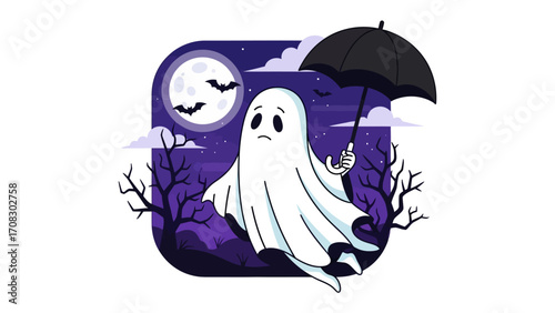 Whimsical Specter and Umbrella: A melancholic ghost gracefully floats across a starlit night, delicately holding an umbrella, embodying the spirit of a spectral Halloween adventure.