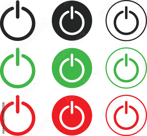 Power on off  icon set. green Switch on and red Switch off symbol. Turn on and shutdown sign