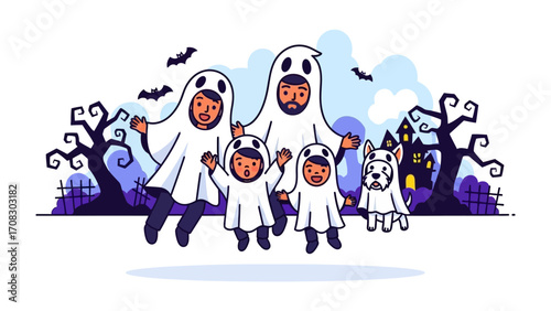 Spooky Family Halloween Gathering: A whimsical illustration showcasing a family, dressed as ghosts, joyfully celebrating Halloween, with a whimsical, cartoonish rendition of the spooky environment. 