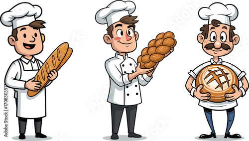 Cartoon bakers holding fresh bread, bakery chefs with loaf, braided bread, round bread, happy expressions, baking profession, food concept