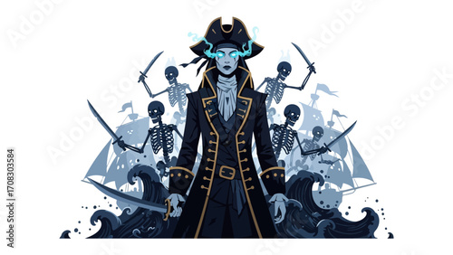 Mysterious Captain in Pirate Scene: A captivating scene unfolds with a stern captain standing before skeletal crew. The captain, radiating an aura of power and control.