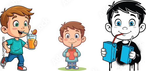 Cartoon boys drinking juice, happy kids with beverages in colorful and black-and-white illustration, fun character art for children